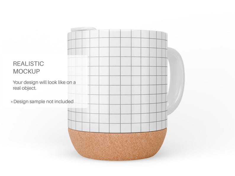 May include: White ceramic mug with a cork base and a grid pattern. The mug has a handle and is suitable for hot or cold beverages.