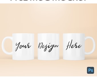 Three 11oz Mugs Mockup. Photoshop PSD file, 360 Design View
