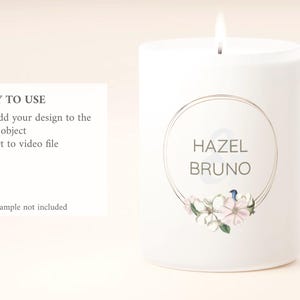 May include: A white pillar candle with a lit wick. The candle has a circular design with the words "HAZEL BRUNO" and floral accents. Text on the left reads "EASY TO USE" with instructions. Design sample not included.
