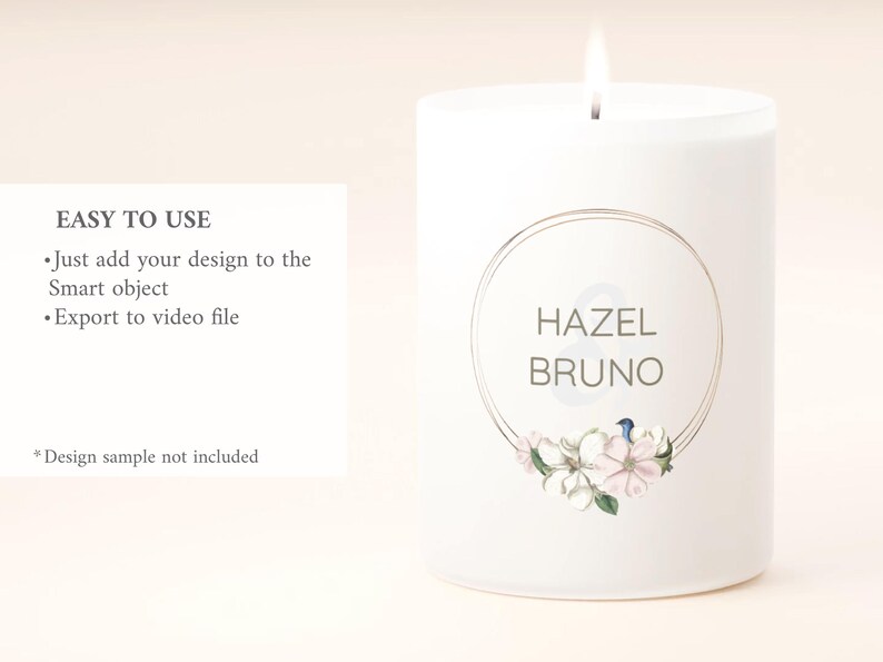 May include: A white pillar candle with a lit wick. The candle has a circular design with the words "HAZEL BRUNO" and floral accents. Text on the left reads "EASY TO USE" with instructions. Design sample not included.