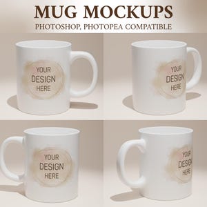 May include: Four white ceramic mugs with a gold and pink watercolor design. The mugs are arranged in a grid pattern. The text "YOUR DESIGN HERE" is printed on each mug.