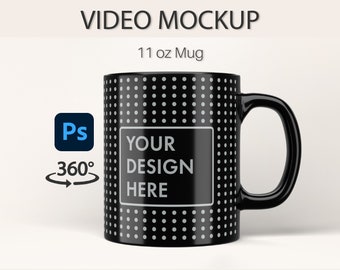 Black Mug Video Mockup. Photoshop PSD file. 360 Rotating Animation