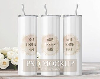 Tumbler Mockup, Photoshop Mockup, 20oz Tumbler Mockup, Flowers Background, PSD file, White Roses, Tumbler Mock Up