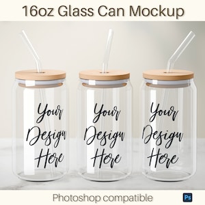 May include: Three clear glass 16 ounce cans with wooden lids and straws. Each can has the text "Your Design Here" printed on the side.
