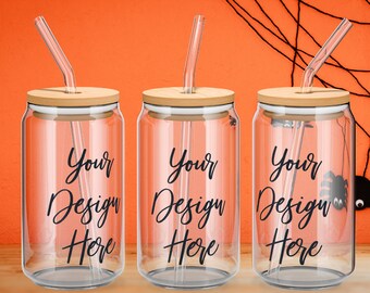 Halloween Glass Can Mockup | Photoshop Mockup | Libbey Glass Can Mockup  | Transparent Glass Can | Three Glass Cans | Halloween Mockup