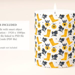 May include: A lit white candle with a repeating pattern of yellow boots, mugs, ornaments, and dark blue leaves. The candle has a white background. The text "FILES INCLUDED" is visible on the left.