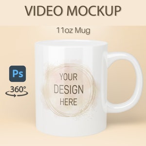 May include: White ceramic mug with a gold circle design that says "YOUR DESIGN HERE" on a light beige background. The mug is 11 ounces.