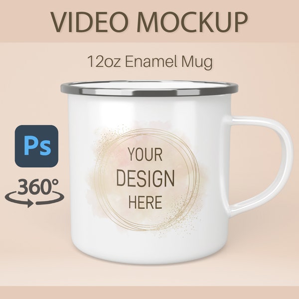 Enamel Camp Mug Mockup | Photoshop Mockup | 12oz Camping Mug | White Enamel Mug | Spinning Mug | Mug Video Mock up | Psd Mockup