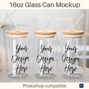 May include: Three clear glass 16 ounce cans with bamboo lids and clear straws. Each can has the text "Your Design Here" printed on the side.