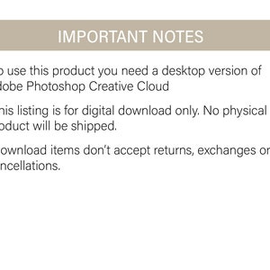 Pu&ograve; includere: Note importanti per i download digitali. Per utilizzare questo prodotto, &egrave; necessaria una versione desktop di Adobe Photoshop Creative Cloud. Questo elenco &egrave; solo per il download digitale. Nessun prodotto fisico verr&agrave; spedito. Gli articoli scaricati non accettano resi, scambi o cancellazioni.