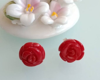 Rose-shaped Mediterranean red coral earrings. Silver earrings.