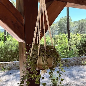 Puede incluir: Un colgador de plantas de macramé crema, suspendido de una viga de madera. Sostiene una maceta de cerámica blanca llena de hiedra variegada verde y blanca. El fondo muestra un paisaje natural con árboles y un muro de piedra.