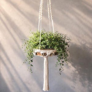 Hangend plankje van boomstammen in boho-stijl, macramé plantenhanger, rustieke kleine pothouder, zelfgemaakte plantenhanger, roze hangende pot, chique decoratie
