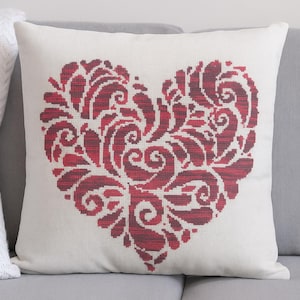 Patrón de punto de cruz de corazón de encaje en PDF / Diseño de corazón floral grande / 130 x 138 puntadas / Hilo jaspeado de un color / Aida de 14 hilos / Instant D