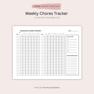 May include: A printable weekly chores tracker, featuring the text "Weekly Chores Tracker" and "Letter Size | Printable PDF". The black and white design includes sections for tracking daily tasks and a space for colour coding.