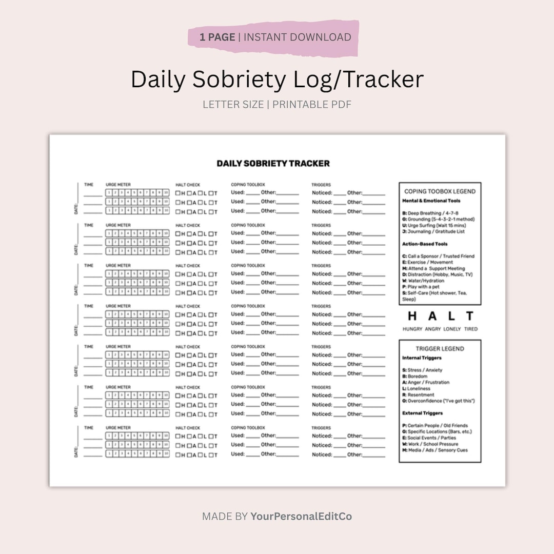 Printable Daily Sobriety Tracker | Recovery Journal Page With HALT ...