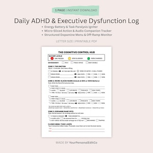 May include: A printable PDF titled "Daily ADHD & Executive Dysfunction Log." The document includes sections for cognitive control, battery levels, and zones for ignition, micro-sliced mains, and dopamine ramp offs. The document is letter size.