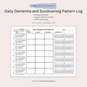 May include: A printable PDF document titled "Daily Dementia and Sundowning Pattern Log." The document includes sections for recording vitals, triggers, behavior, and a sundowning clock. The document is designed to be printed on letter-sized paper.