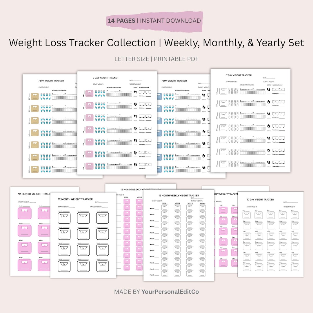 Weight Loss Tracker Collection | Weekly Monthly Yearly Planner Bundle ...