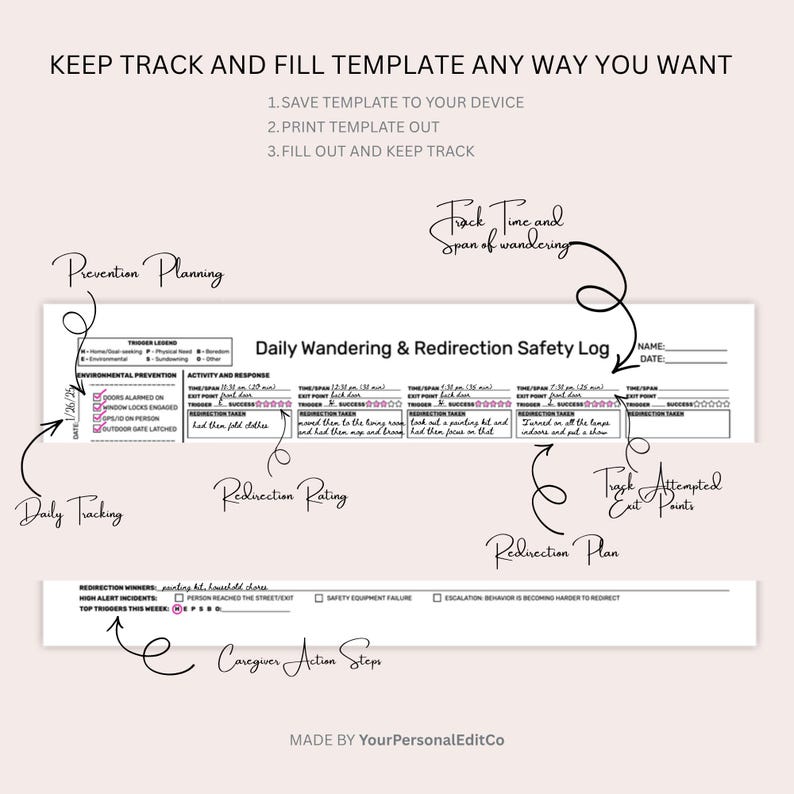 Redirection Nice Template Daily Wandering Safety Log | Dementia Autism Caregiver Journal (PDF ...