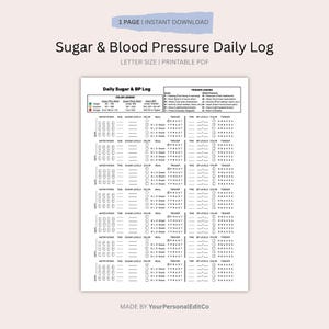 Puede incluir: Documento PDF imprimible titulado "Registro Diario de Azúcar y Presión Arterial". El documento incluye secciones para el seguimiento diario del azúcar y la presión arterial, la ingesta de agua y los desencadenantes. También hay una leyenda de color y una leyenda de desencadenantes.