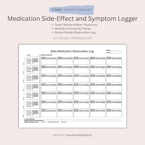 May include: A printable PDF document titled "Medication Side-Effect and Symptom Logger." The document includes sections for tracking reactions, identifying severity trends, and a doctor-ready observation log. The document is letter size.