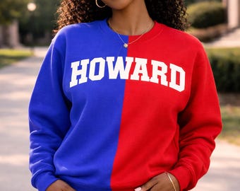 Handmade Howard Universität Rot und Blau Gespleißt Rundhals-Sweatshirt
