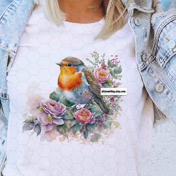 Floral Robin Bird Sublimation PNG Pastel Spring Flowers and Orange Robin Bird Downloads - PNG Transparent Sublimation Designs