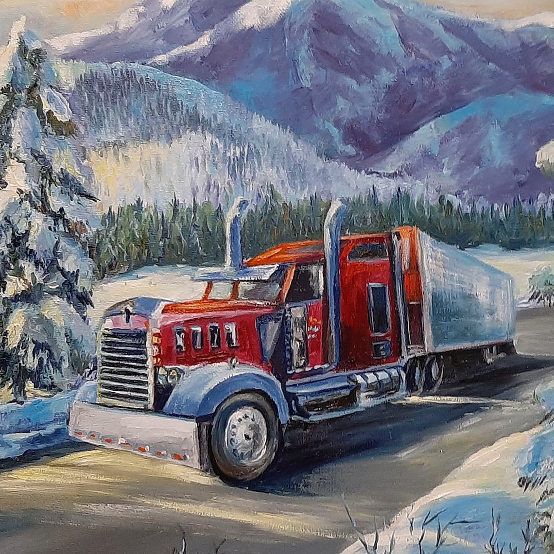 Oil painting Canadian Mountain Road car driving on the road Etsy