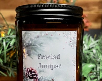 Frosted Juniper | 8 oz 100% Organic Soy| Amber Jar | home decor | Christmas | Gift | hand poured | Rustic