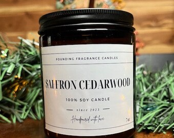 Saffron Cedarwood |  8 oz 100% Organic Soy| Amber Jar |Guy Gift |Guy Candle | Anniversary Gift | home decor | rustic | hand poured