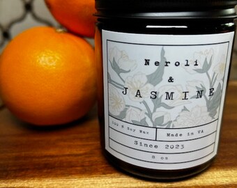 Neroli and White Jasmine| 8 oz |100% Organic Soy Wax| Amber Container Candle| Citrus and Floral| Gift Idea