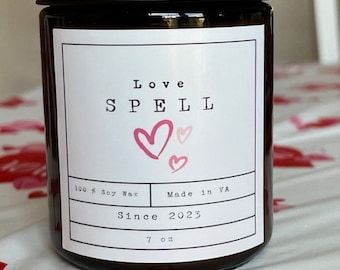 Love Spell | 7 oz 100% Organic Soy |Valentines Day Gift |Amber Jar