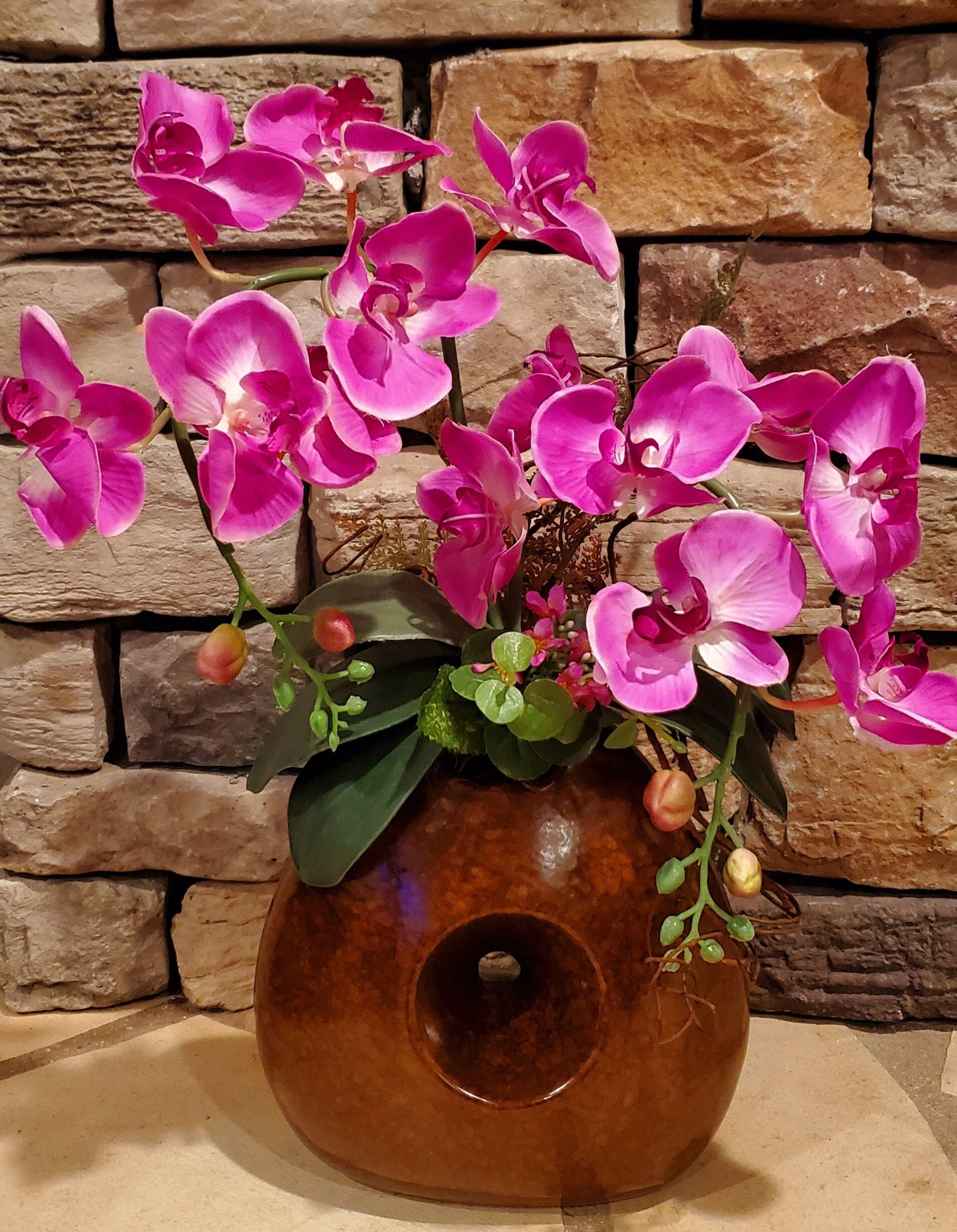 Artificial Orchid Arrangement With Round Ceramic Base Vase Etsy
