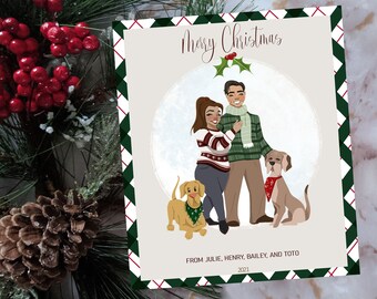 家族とペットのクリスマスカードのポートレート：パーソナライズされたイラスト（デジタル）
