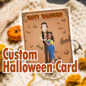 Tarjetas de Halloween personalizadas, tarjetas de Halloween familiares, mascotas, retrato de pareja de Halloween, ilustración personalizada, tarjetas de Halloween personalizadas, imprimibles