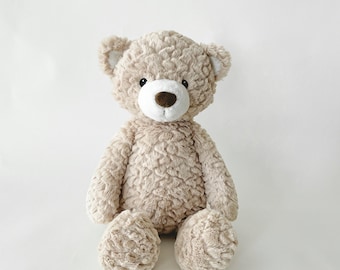 Beige Teddy Bear: Personalized/Sweater Option, Stuffed Animal, Embroidered Eyes, Baby Shower, Baptism,Birthday, Summer,July 4th
