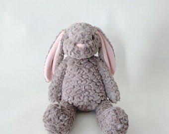 Gray Plush Bunny: Personalized Option, Soft, Stuffed Animal w/ Embroidered Eyes, Baby Shower, Baptism, Birthday Gift,  Mother's Day