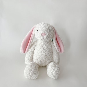 White Plush Bunny:Personalized Option, Stuffed Animal w/Plush Fur w/ Embroidered Eyes, Baby Shower, Baptism, Birthday,  Mother's Day