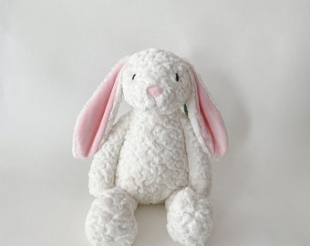 White Plush Bunny:Personalized Option, Stuffed Animal w/Plush Fur w/ Embroidered Eyes, Baby Shower, Baptism, Birthday,  Mother's Day