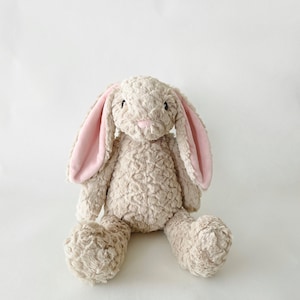 Beige Plush Bunny:Personalized Option, Soft,Stuffed Animal w/ Embroidered Eyes, Baby Shower, Baptism, Birthday Gift