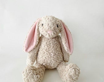 Beige Plush Bunny:Personalized Option, Soft,Stuffed Animal w/ Embroidered Eyes, Baby Shower, Baptism, Birthday Gift