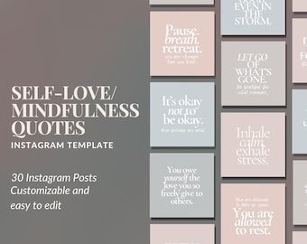 Self-Love Instagram Templates: Mindfulness Quotes, Canva Editable (30 Posts)