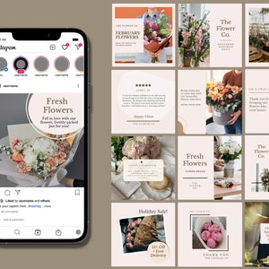 May include: Instagram post for a flower shop with the text "Fresh Flowers" and a bouquet of pink, white, and green flowers. The post also includes a caption that says "Fall in love with our flowers, freshly picked just for you!"