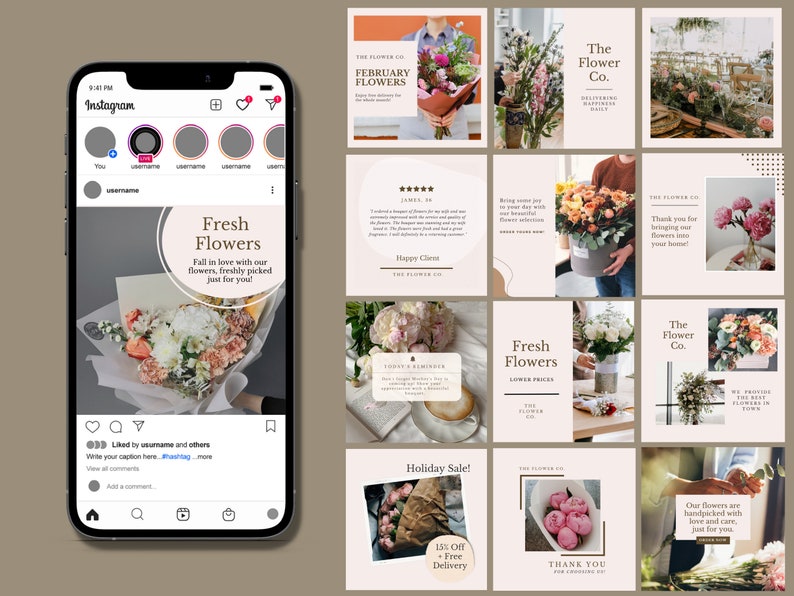 May include: Instagram post for a flower shop with the text "Fresh Flowers" and a bouquet of pink, white, and green flowers. The post also includes a caption that says "Fall in love with our flowers, freshly picked just for you!"