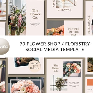 May include: A collection of social media templates for a flower shop or florist business. The templates feature images of flowers, text overlays, and promotional offers like "15% Off + Free Delivery" and "Weekend Sale".