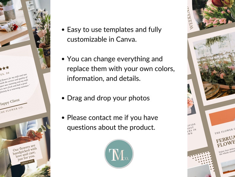 May include: A digital template for social media featuring a floral design with the text "Our flowers are handpicked with love and care, just for you." The template is customizable in Canva and includes instructions for using the template.