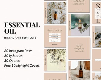 May include: A collage of Instagram post templates for essential oils. The templates feature images of essential oil bottles, flowers, and text about the benefits of essential oils. The text includes "Essential Oil", "80 Instagram Posts", "30 Ig Stories", "30 Quotes", "Free 10 highlight Covers", "4 best essential oils", "Tea Tree Oil", "Rosemary Oil", "Lavender Oil", "Eucalyptus Oil", "Love yourself first and everything else falls into line", "Essential oil tip", "Massage a few drops into the center of your feet to create a smooth sensation", "Some of the most beautiful scents in nature are made by plants", "Peppermint Oil", "Spearmint Oil", "Cedarwood Oil", "Wintergreen Oil".