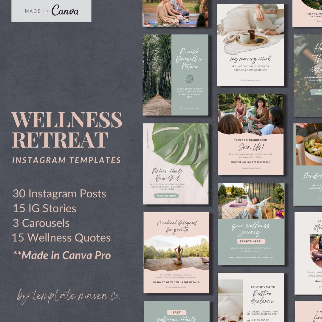 Wellness Retreat Instagram Templates: Canva Social Media Kit (canva Pro ...