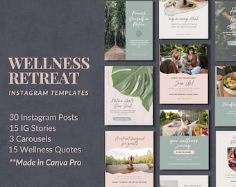 May include: A promotional image for a wellness retreat, featuring Instagram templates. The design includes text that reads "Wellness Retreat" and "Instagram Templates." The image showcases various templates with nature-themed backgrounds and wellness-related quotes.